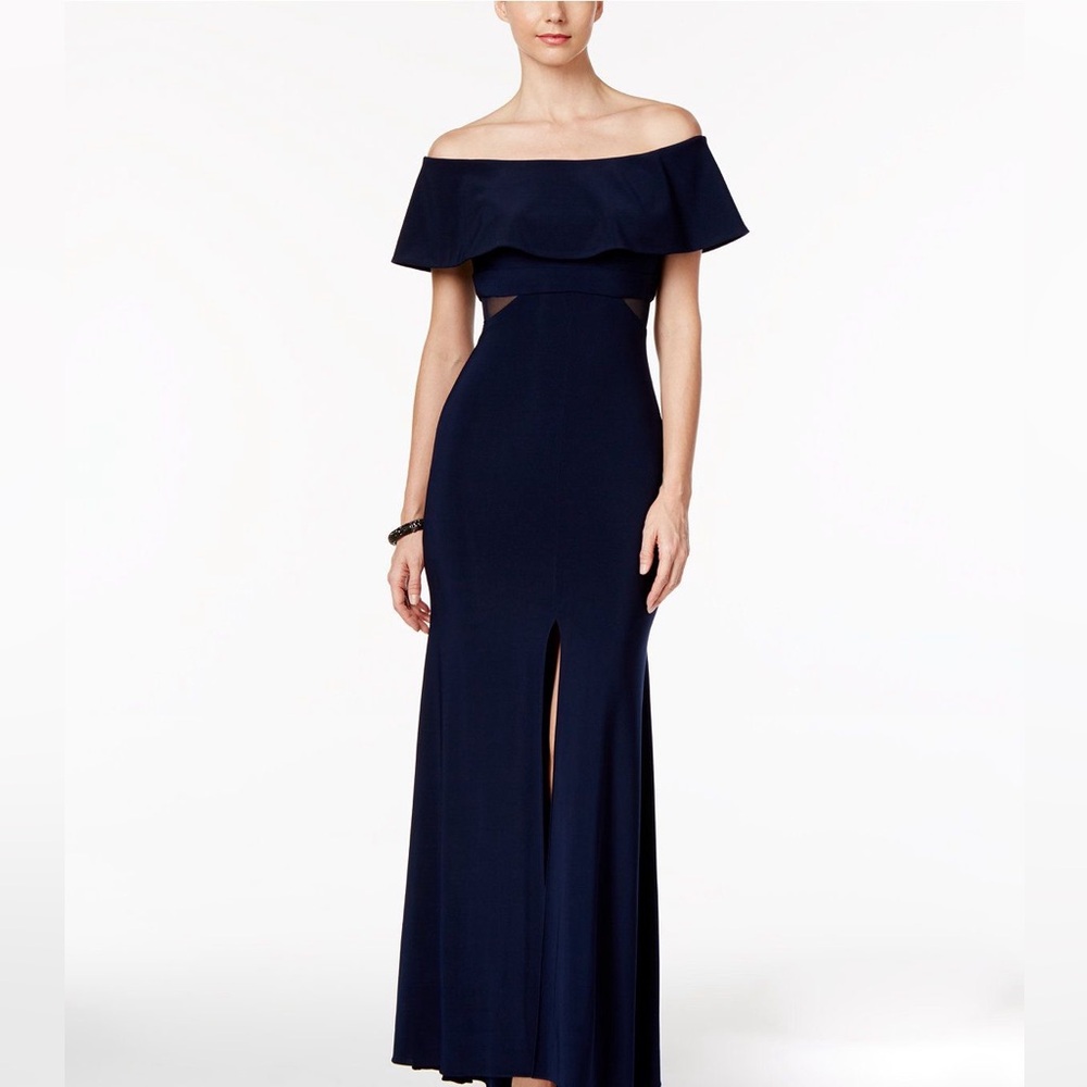 Xscape Off-Shoulder Navy Blue Dress